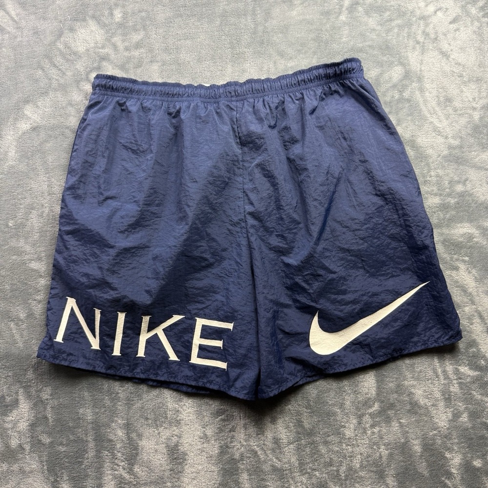 VTG 90s Nike Big Spellout Swoosh Blue Navy Swim Trunks Shorts Size L